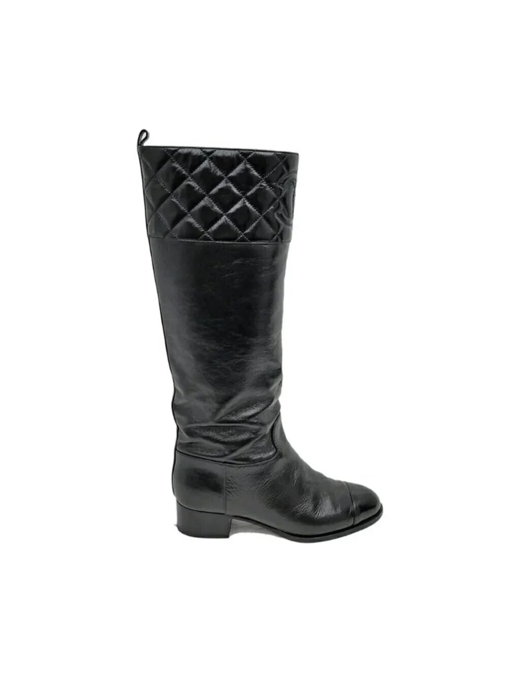 Chanel Long Boots 37.5 Black Shiny Calfskin CC Logo